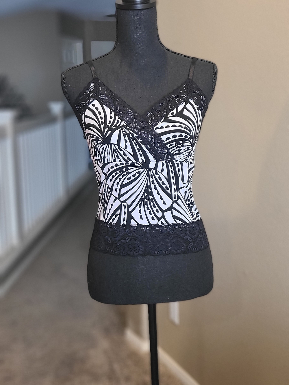 White House Black Market  White and Black Lace Trim Cami